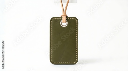 A single olive green leather travel identifier tag with a tan cord, isolated on a minimalist white surface.
