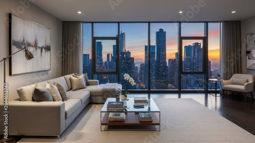 Modern luxury living room with cityscape view at sunset through large windows