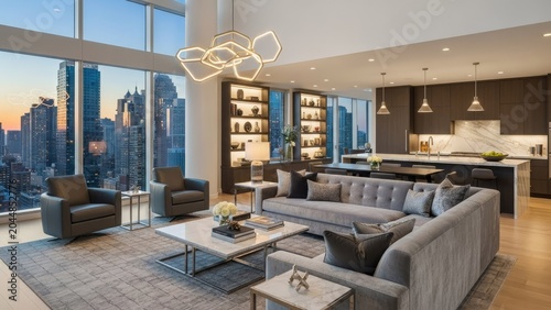 Modern luxury living room interior with city view and stylish furniture