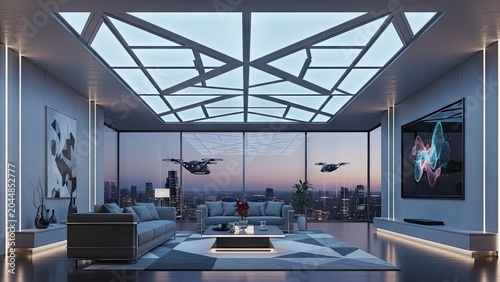 Modern luxury living space with city view and futuristic drones flying