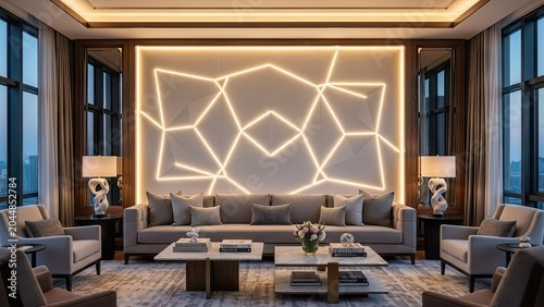 Modern luxury living room with geometric light design and elegant furniture