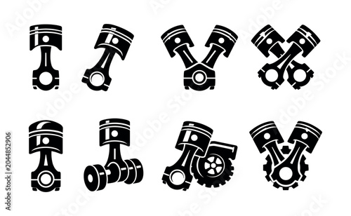 Collection of stylized black and white piston and engine component icons