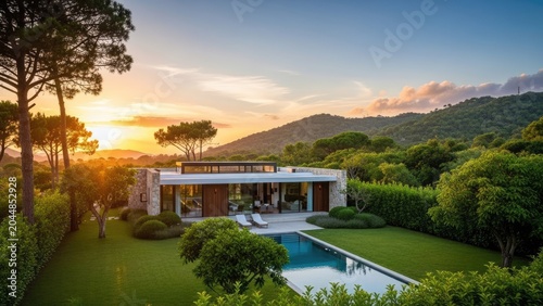 Modern luxury villa nestled in lush green landscape with swimming pool at sunset