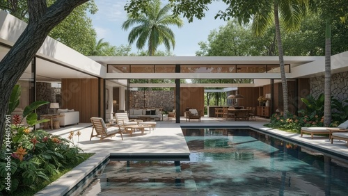 Modern luxury villa with swimming pool and lush tropical surroundings