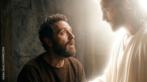 Jesus appearing to Apostle Paul in a dark room. Biblical vision of Christ visiting saint in prison. Religious scene from Acts of the Apostles, Christian faith and divine guidance.