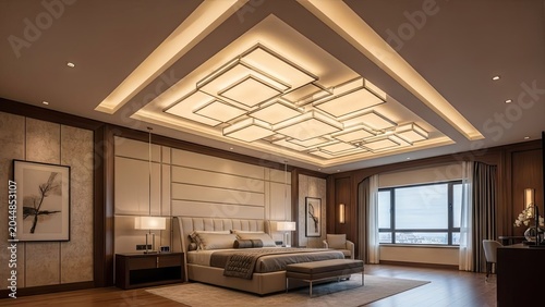 Modern luxury bedroom interior design with ambient lighting and decor