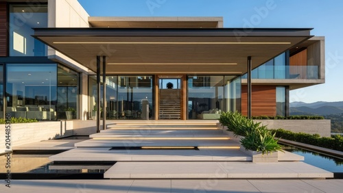 Modern luxury home exterior design with glass walls and entry