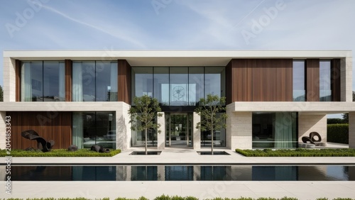 Modern luxury home exterior with large windows and a reflection pool