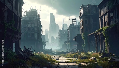 Abandoned Ruined City Street Surrounded by Overgrown Buildings in Misty Post Apocalyptic Urban Landscape