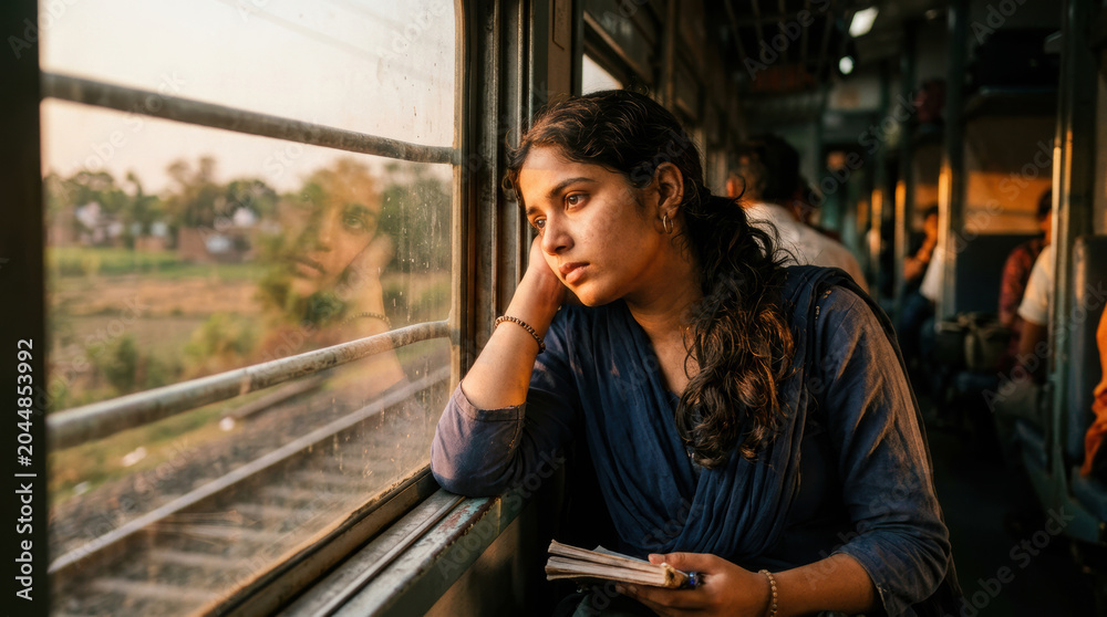 Fototapeta premium Young woman looks thoughtfully out window of local train in india during sunset, reflecting on passing landscape with calm emotion