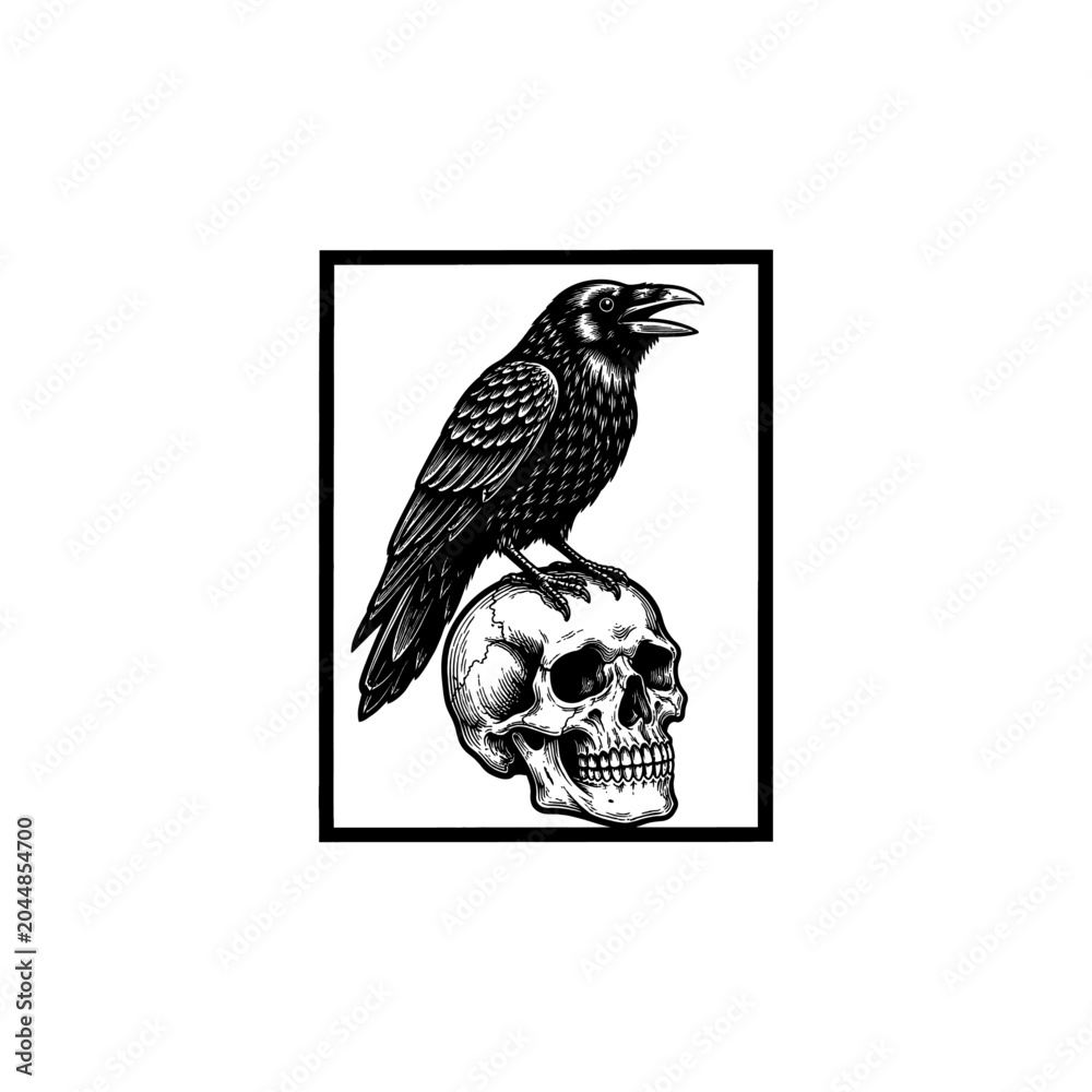Obraz premium Vintage raven perched on human skull vector, gothic crow and skeleton head illustration, black and white occult woodcut style art