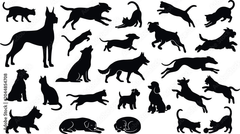 Obraz premium Large collection of domestic dog and cat silhouettes in various active poses isolated on white background