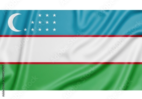 Waving flag of uzbekistan, national symbol of the republic of uzbekistan with blue, white and green stripes and crescent moon with stars