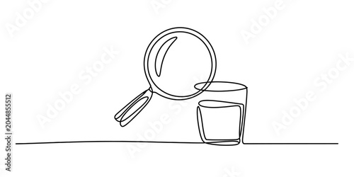 Quadro su tela Single line drawing of a magnifying glass over a clear glass of water, represent