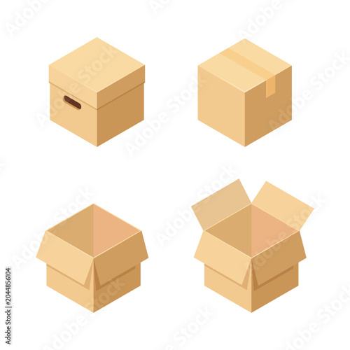 Isometric Cardboard Boxes in Closed, Sealed, Partially Open, and Fully Open States