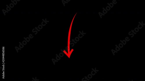 Minimalist red curved arrow pointing downward isolated on solid black background