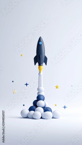A dark rocket launches amidst white and blue spheres and stars