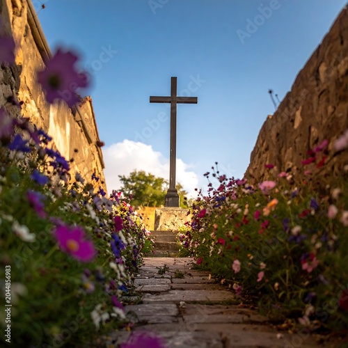 Wooden Cross Standing Above Stone Path Between Colorful Flowers and Old Walls