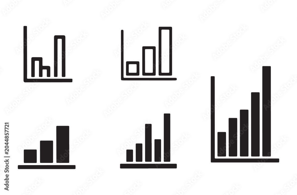 Fototapeta premium Collection of bar chart icons representing growth and financial data analytics in different visual styles including linear and solid graphics for business reports design