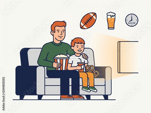 Minimal vector icon kit showing family watching tv with football drink and clock