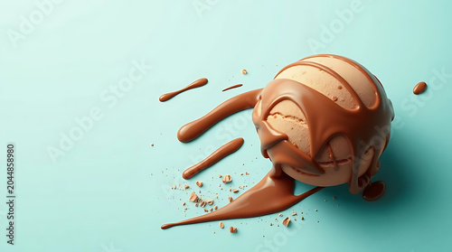 A single scoop of creamy ice cream drizzled with rich chocolate sauce on a light blue background