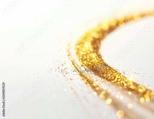 Swirling gold dust and bokeh lights against a white, ethereal backdrop
