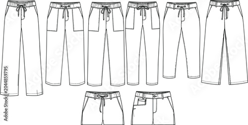 Foto Fashion technical sketch vector collection featuring women drawstring pants swea