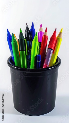 Assorted writing and drawing tools in a black container