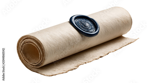 Rolled kraft paper with wax seal stamp on transparent background