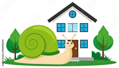 Large Green Snail Crawling in Front of White House with Trees