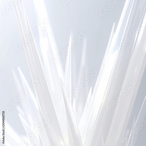 Abstract, crystalline, sharp, translucent, luminous forms emerge from a white background