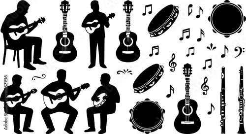 Guitar Musician Music Black Silhouette Set Vector Illustration Folk Cultural Clipart
