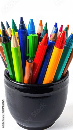 Assorted colorful writing and drawing tools in a black holder