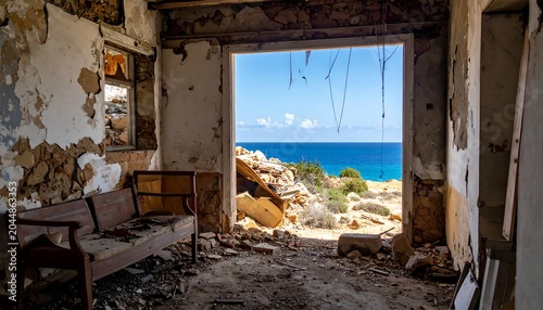 A dilapidated room with a view of the ocean through a gaping hole