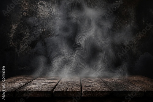 Wooden tabletop with rising smoke in dark moody studio setting