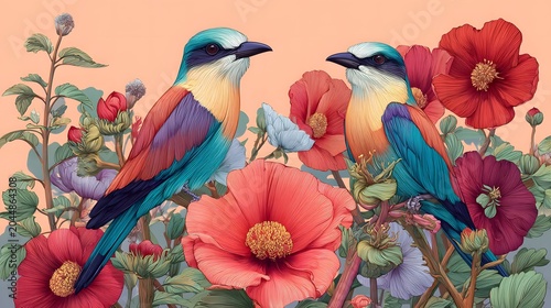 Two colorful birds sitting on some flowers, peaceful, lovely