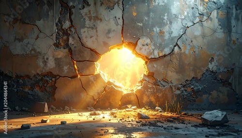 A bright light bursts through a cracked wall in a dark room