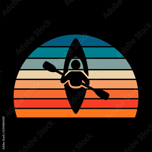 Retro sunset kayak and canoe silhouette illustration.