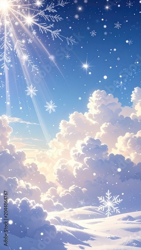 A winter sky, bright sunbeams pierce clouds, snowflakes drift down