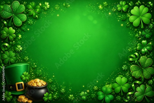 St patrick themed shamrocks and gold coins on green background