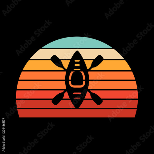 Retro sunset kayak and canoe silhouette illustration.
