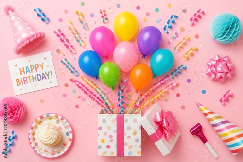 Birthday party flatlay with balloons confetti and gift box