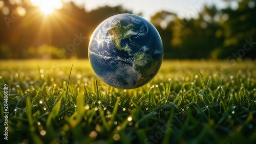 Earth floating above a green field, symbolizing environmental awareness in golden morning light.