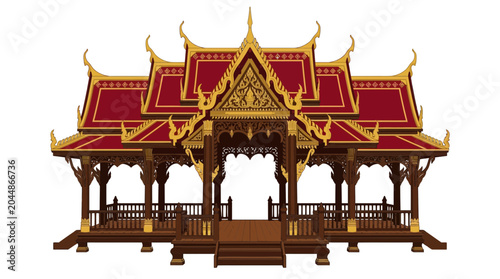 Intricate Thai wooden pavilion illustration with ornate golden and red architectural details