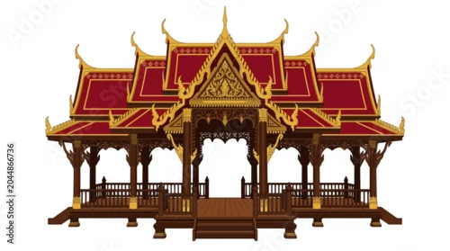 Fototapeta na wymiar Intricate Thai wooden pavilion illustration with ornate golden and red architectural details