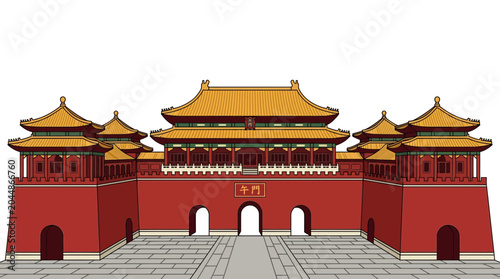 Magnificent Chinese Palace Gate Architecture with Ornate Yellow Roofs and Red Walls, Vector Illustration