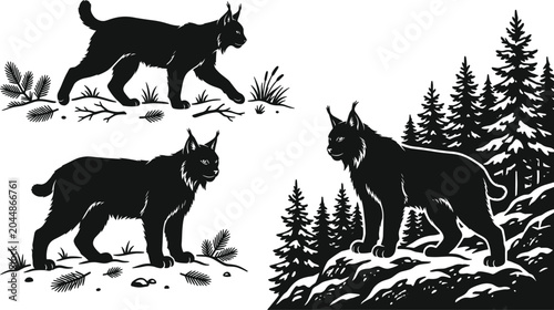 Quadro su tela Wild lynx silhouettes collection vector set featuring bobcats walking in forest