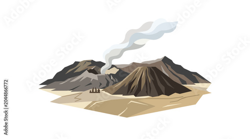 Mount Bromo Volcano Spewing Smoke Amidst Rugged Mountainous Landscape