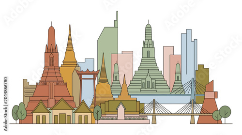 Modern Scandinavian Style Vector Illustration of Bangkok City Skyline