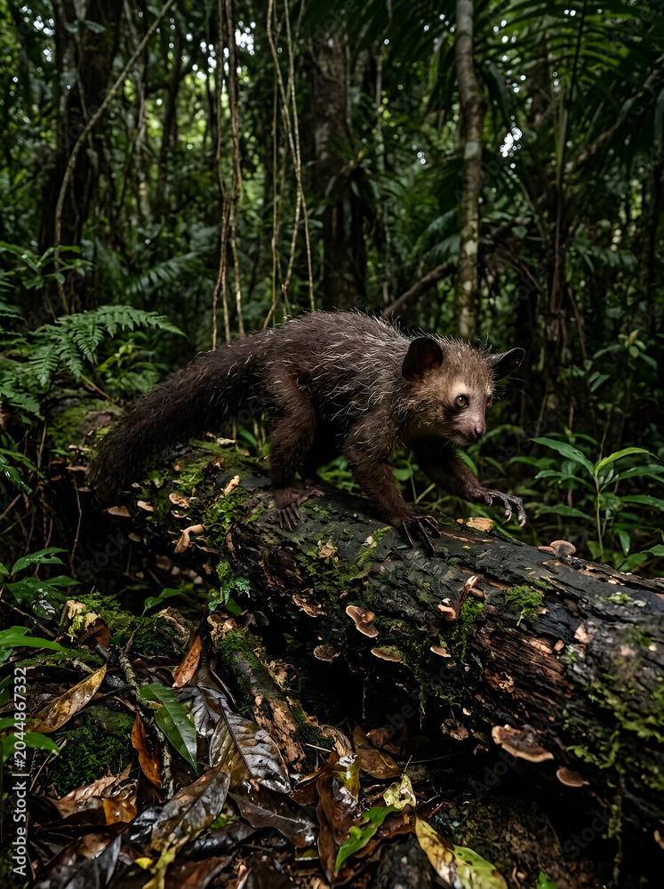 Fototapeta premium A rare Aye-Aye lemur, a unique nocturnal primate, walks on a mossy log within its dense Madagascan rainforest environment